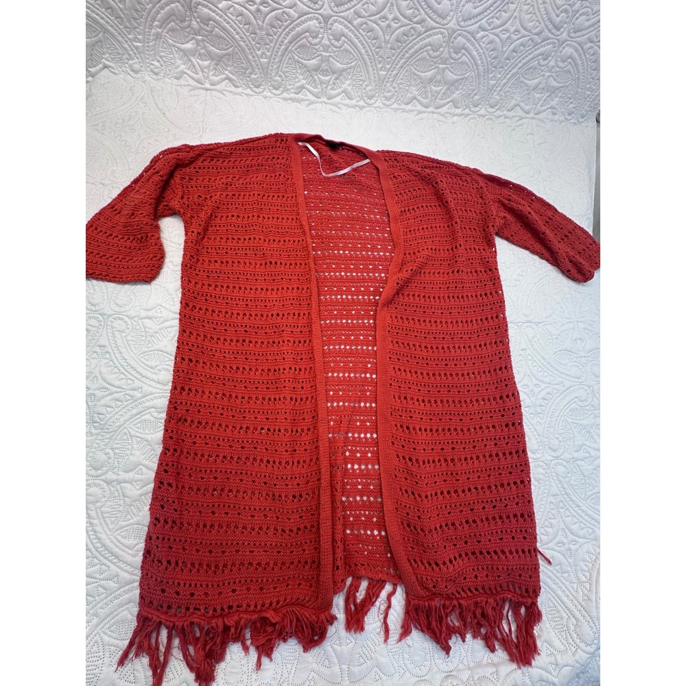 Torrid Red Crochet Fringe Open Front Cardigan Sweater Size 2 Plus Longline Knit